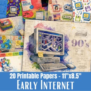 以下が含まれることがあります： 90年代のインターネットとコンピューターをテーマにした20枚の印刷可能なペーパーコレクション。デスクトップコンピューター、フロッピーディスク、CD-ROM、迷路ゲームの水彩画イラストが含まれており、90s Desktop CustomizationやYou've Got Mailといったテキスト要素がデザインされています。