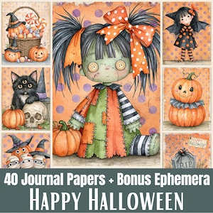 May include: A digital collage of Halloween-themed illustrations featuring a central ragdoll character with button eyes, surrounded by smaller panels showing pumpkins, a black cat, a skull, a bat-winged character, and a tombstone with the text Happy Halloween.