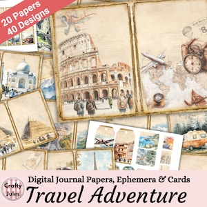 Travel Junk Journal Papers, Cards, and Ephemera, Vacation Scrapbook Pages, Digital Download