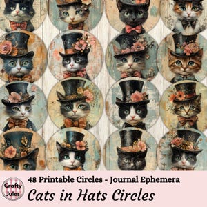 Cats in Hats Printable Circles, Ephemera for Junk Journals, Scrapbooking, Digital Download