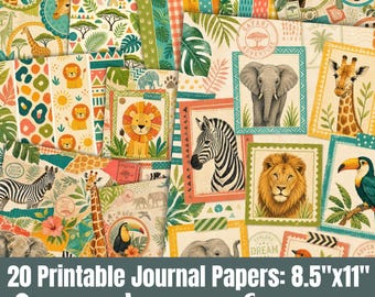 Safari Animal Junk Journal Collage Papers, African Plains, Scrapbook Cut Apart Sheets, Digital Download