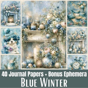 以下が含まれることがあります： 「Blue Winter」と題された40枚のジャーナルペーパーとボーナスエフェメラのコレクション。青と白のフラワーアレンジメント、暖炉、ニット帽をかぶった子犬、キャンドル、時計などのイラストが、柔らかな冬の雰囲気で描かれています。