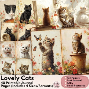 Pacote de papel para diário com tema de gato para impressão – 40 páginas para diários de lixo, álbuns de recortes e artesanato em papel, 4 tamanhos (páginas inteiras, meia página, ATC, cartão postal)
