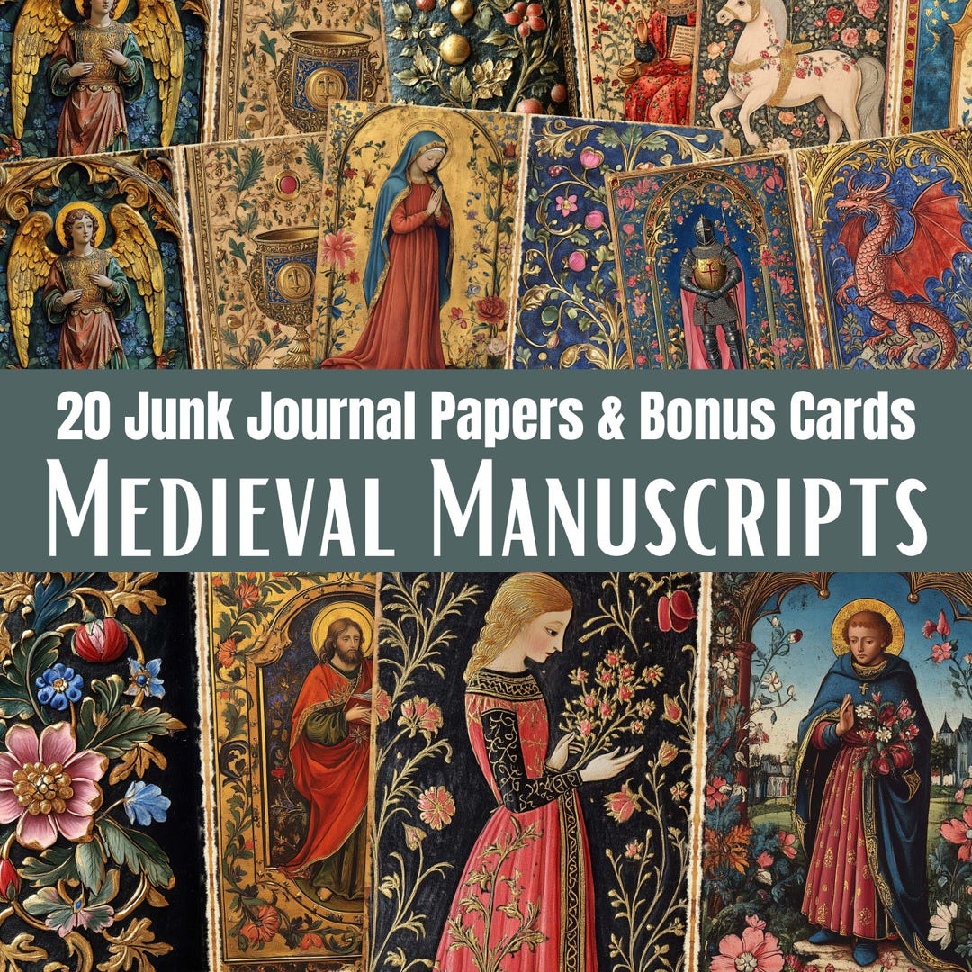 Medieval Junk Journal Papers & Cards, Illuminated Ornate Manuscript ...