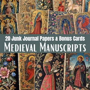 May include: A collection of 20 junk journal papers and bonus cards featuring medieval manuscript illustrations, including angels, a knight, a dragon, a white horse, and figures in historical robes, with the text 20 Junk Journal Papers & Bonus Cards MEDIEVAL MANUSCRIPTS.