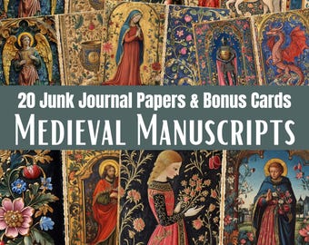 Medieval Junk Journal Papers & Cards, Illuminated Ornate Manuscript Scrapbook, Digital Download