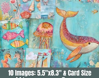 Whimsical Ocean Digital Journal Half-Papers, Nautical, Marine Life Pages and Journal Cards