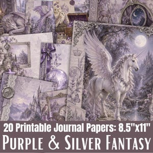 Könnte beinhalten: Eine Sammlung von 20 druckbaren Journal-Papieren mit violetten und silbernen Fantasy-Illustrationen, darunter ein geflügeltes Einhorn, Burgen, Drachen, Eulen und verzierte Rahmen. Jedes Blatt misst 21,59 cm mal 27,94 cm mit detaillierten Motiven.