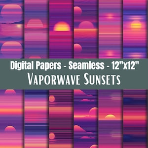 May include: A collection of seamless digital papers featuring vaporwave sunset designs. Each paper showcases a vibrant gradient of pink, purple, and orange hues, with horizontal lines and stylized suns. The papers are 12"x12" in size.