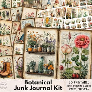 Kit de diário digital botânico Junk – 30 páginas para impressão, artigos completos, páginas de diário, itens efêmeros, scrapbooking, tamanho A4 e carta