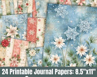 May include: A collection of 24 printable journal papers measuring 8.5 inches by 11 inches, featuring winter-themed designs with blue backgrounds, white snowflakes, red berries, green pine needles, and white poinsettia flowers on vintage script.