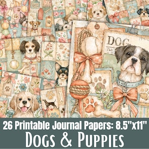 Può includere: Una collezione di 26 fogli di carta stampabili per diario con illustrazioni di cani e cuccioli, impronte di zampe, ossa, palline da tennis e fiocchi decorativi in stile collage vintage con il testo DOG stampato su un'etichetta.