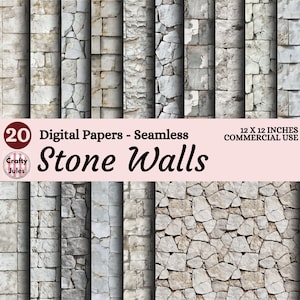 May include: A collection of 20 digital seamless stone wall papers. The image features various textures and patterns of stone walls, with a size of 12 x 12 inches. The text on the image says "Stone Walls".