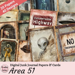 Areal 51 Junk Journal Papiere und Karten, Alien Sci-Fi Scrapbook Seiten, digitaler Download