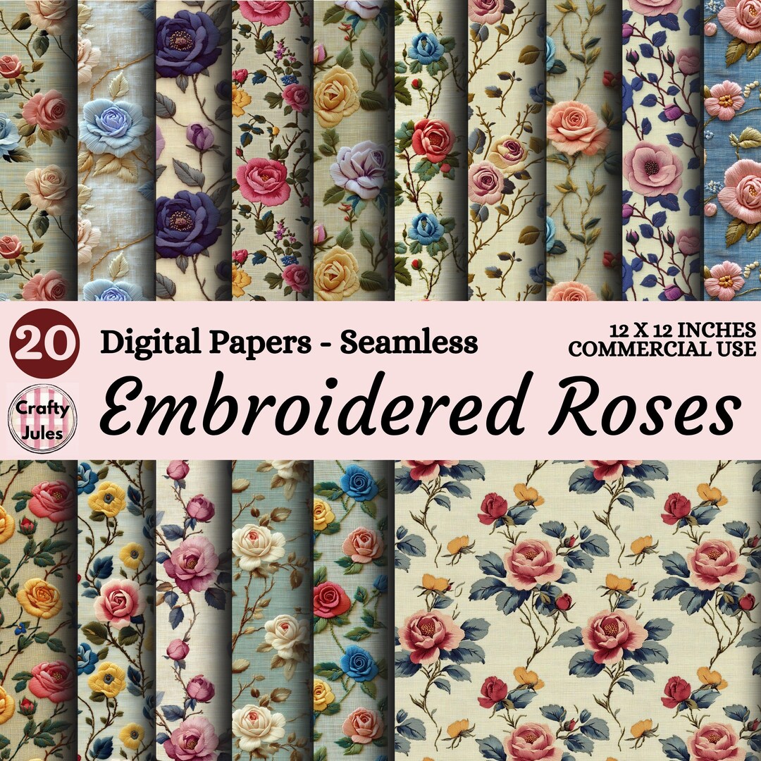 Paper Roses Fabric Embroidered Roses Digital Papers, Fabric Style Floral Scrapbook ...