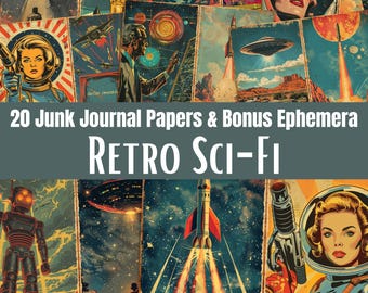 Retro Sci-Fi Junk Journal Kit, 50s Style UFO Scrapbook Papers & Ephemera Sheets, Digital Download