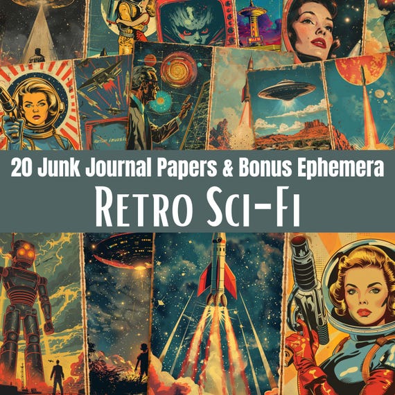 Retro Sci-Fi Junk Journal Kit, 50s Style UFO Scrapbook Papers & Ephemera Sheets, Digital Download