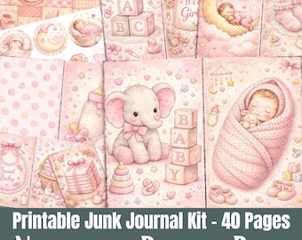 Kit de carnet rose pour bébé nouveau-né, papiers pour chambre d'enfant, éphémères, téléchargement numérique