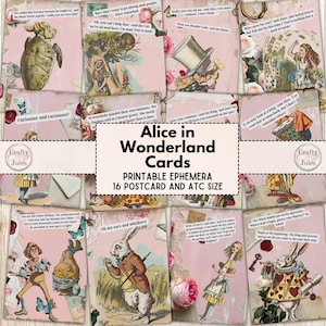 Cartes numériques de citation d'Alice au pays des merveilles - 16 cartes postales et ATC imprimables, documents éphémères pour journaux indésirables, scrapbooking, fournitures créatives