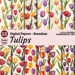 May include: A collection of 12 digital seamless papers featuring watercolor tulip designs in various colors, including red, yellow, and purple. The papers are 12 x 12 inches and suitable for commercial use. The word "Tulips" is displayed in a cursive font.