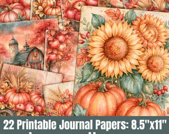 Autumn Harvest Junk Journal Papers, Pumpkins,  Thanksgiving Scrapbook Sheets, Digital Download