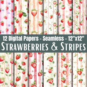 Könnte beinhalten: Eine Sammlung von 12 digitalen Papieren mit nahtlosen Designs mit Erdbeeren und Streifen. Die Papiere zeigen verschiedene Muster, darunter rote Erdbeeren auf gestreiften und floralen Hintergründen. Der Text lautet "ERDBEEREN & STREIFEN" und "12 Digitalpapiere - Nahtlos - 30.5cm x 30.5cm".