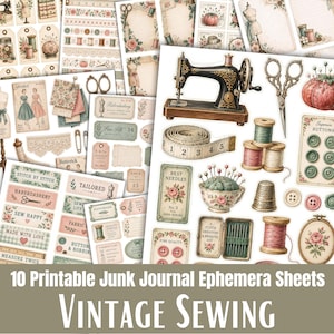 Op de afbeelding: Een verzameling printbare ephemera-vellen met vintage naaimotieven, waaronder een zwarte naaimachine, meetlint, garenklosjes, scharen, knopen, naaldenkokers, speldenkussens en bloemrijke labels in gedempte pastel- en sepiatinten.