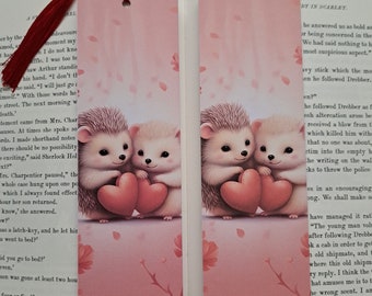 Hedgehogs Bookmark, Cute, Handmade, Hearts, With or Without Red Tassel, Pretty Stationery, Love-Themed Bookmark
