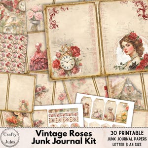 Kit de diario digital Vintage Roses: 30 elegantes páginas florales imprimibles, papeles completos, páginas de diario, hojas efímeras, tamaños A4 y carta