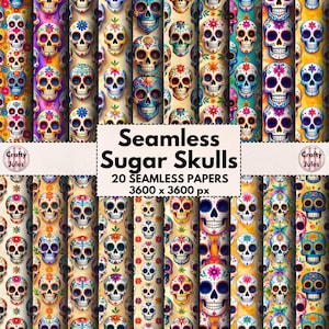 Sugar Skulls Nahtlose digitale Papiere, 20 druckbare Muster, Tag der Toten Papiere für Collage, Scrapbooks, Journals, Karten, kommerzielle Nutzung