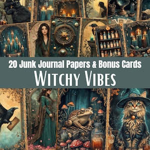 May include: A collection of 20 junk journal papers and bonus cards with a "Witchy Vibes" theme. The cards feature illustrations of candles, women, cats, frogs, and other mystical elements in a vintage style with a teal and gold color scheme.