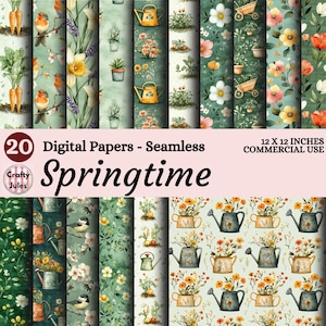 以下が含まれることがあります： 20枚のデジタルシームレススプリングタイムペーパーのコレクション。鳥、花、じょうろ、ニンジンなどの水彩イラストが特徴です。用紙サイズは30.48 x 30.48 cmで、商用利用可能です。