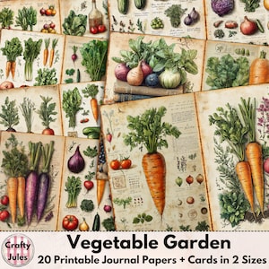 Papiers numériques pour journal intime Potager - 20 pages botaniques imprimables, + cartes et ATC pour albums de coupures, journaux, téléchargement immédiat