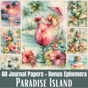 Carte per junk journal a tema Isola Paradiso, sfondi tropicali ad acquerello per scrapbooking, download digitale