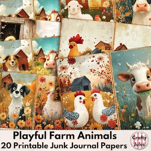 Farm Animals Digital Junk Journal Papers – 20 Printable Pages for Journals, Scrapbooking, Collages, Card-Making, Crafting, Instant Download