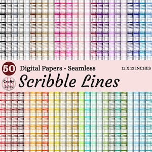 May include: A set of 50 digital seamless papers with a scribble lines design. The papers are 30.48 x 30.48 cm and feature various colours, including black, grey, brown, pink, purple, and blue. The image text reads "Scribble Lines".