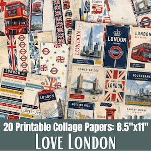 Pode incluir: Uma coleção de 20 papéis de colagem imprimíveis com imagens temáticas de Londres, incluindo autocarros vermelhos de dois andares, a Tower Bridge, o London Eye, bandeiras Union Jack e postais vintage com texto de 21,6 cm por 27,9 cm.