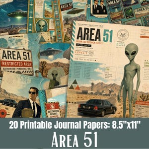 Op de afbeelding: Een verzameling van 20 printbare journal-papieren met Area 51-thema's, inclusief illustraties van grijze buitenaardse wezens, vliegende schotels, woestijnlandschappen, borden voor verboden toegang en overheidsdocumenten van 21,6 cm bij 27,9 cm.