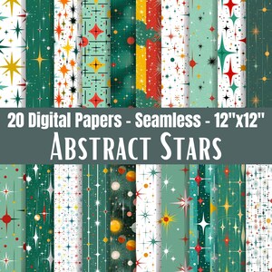 May include: A collection of 20 digital papers with seamless patterns. The designs feature abstract star patterns in various colors, including green, red, yellow, and white. The papers are 12"x12" in size and are labeled "Abstract Stars".