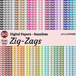 May include: A collection of 50 digital seamless papers with a zig-zag pattern in various colors. The papers are 12 x 12 inches and feature a variety of hues, including black, gray, brown, pink, purple, blue, green, and orange.