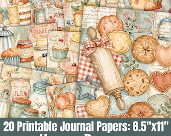 May include: A collection of 20 printable journal papers featuring a home baking theme. The designs include illustrations of cakes, cookies, cupcakes, a rolling pin with a red and white checkered bow, flour bags, sugar jars, and jam jars, all set against a vintage-style background with script text.