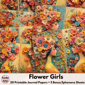 Papiers pour carnets numériques Flower Girls – 20 pages imprimables + 5 feuilles éphémères en prime, albums de scrapbooking des années 60, journaux floraux, collages