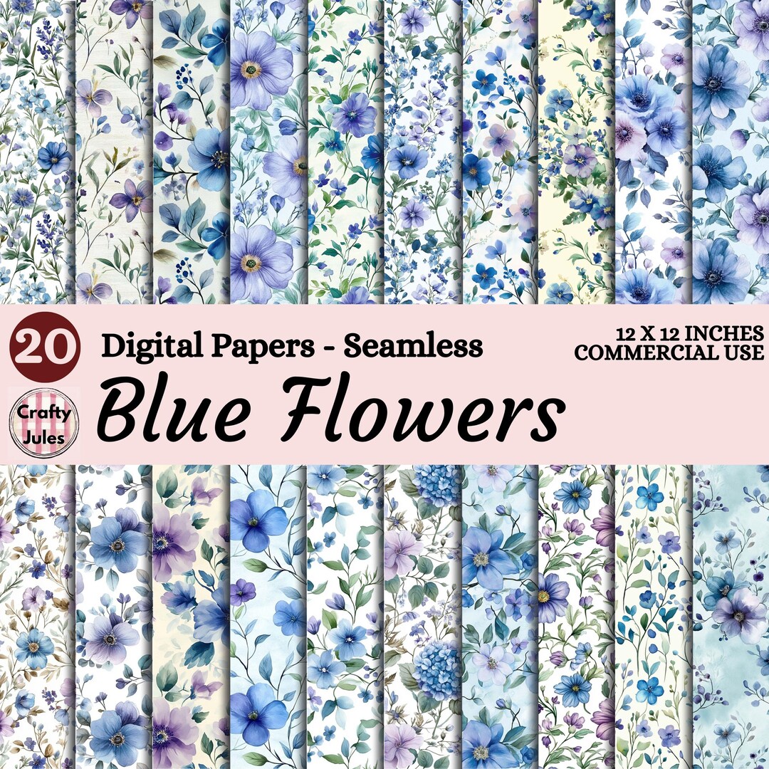 Blue Floral Seamless Digital Paper Pack, Watercolor Flower Patterns ...