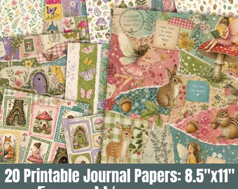 May include: A collection of 20 printable journal papers featuring a woodland fairy theme with illustrations of fairies, rabbits, deer, squirrels, mushrooms, and flowers. The papers include text elements like Woodland Fairy Mail and Believe in Magic.