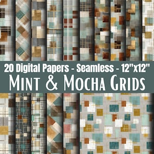 May include: A collection of 20 digital papers with seamless patterns. The designs feature grid patterns in mint and mocha colors. Each paper measures 12"x12" and showcases geometric shapes and lines in various arrangements, creating a textured appearance.