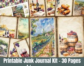 May include: A collection of watercolor-style images featuring vineyard scenes, wine bottles, glasses, and barrels. The text "Printable Junk Journal Kit - 30 Pages" and "VINEYARD" is displayed at the bottom. The color palette includes shades of green, brown, and blue.