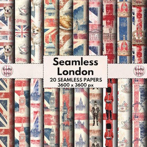 Londres, 20 papiers carrelés imprimables, effet vieilli, Union Jack, thème britannique, albums de coupures, journaux, usage commercial