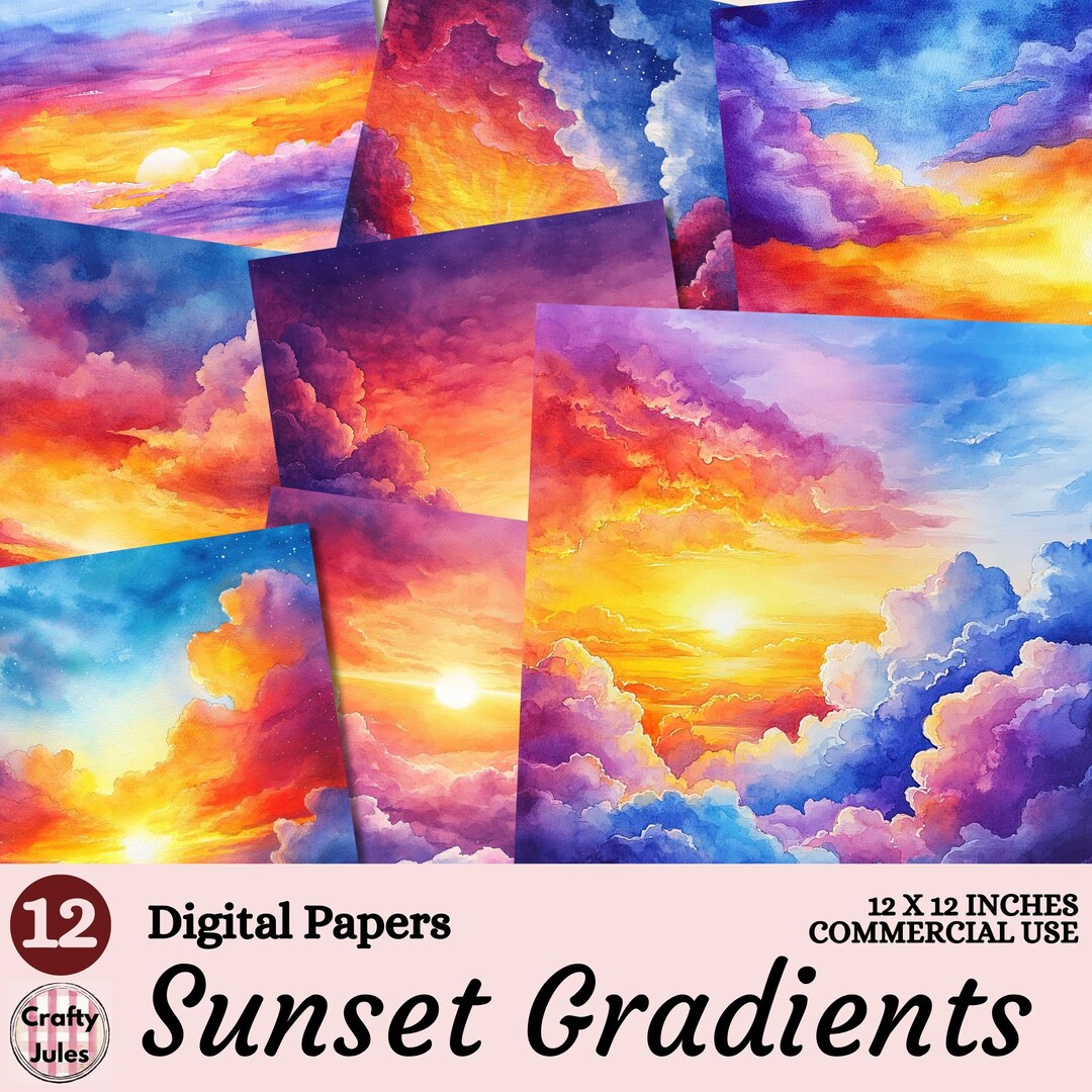 Sunset Gradient Digital Papers, Printable Ombre Clouds, Scrapbook ...