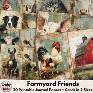 Farmyard Friends Digital Junk Journal Papers – 20 stron do druku, + karty i ATC do albumów, dzienników, kolaży, natychmiastowe pobieranie