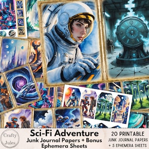 Papiers numériques indésirables pour les aventures de science-fiction - 20 pages imprimables sur le thème de l'espace plus 5 feuilles éphémères en prime, kit de journal, scrapbooking